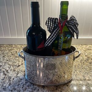 SILVER PLATE ENGRAVED DOUBLE WINE BOTTLE CHILLER/HOLDER WITH HANDLES  10” X 6”